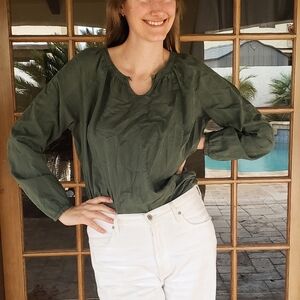 Woolrich Womens XL Olive Green Long‎ Sleeve Buttoned V Neck Blouse XL